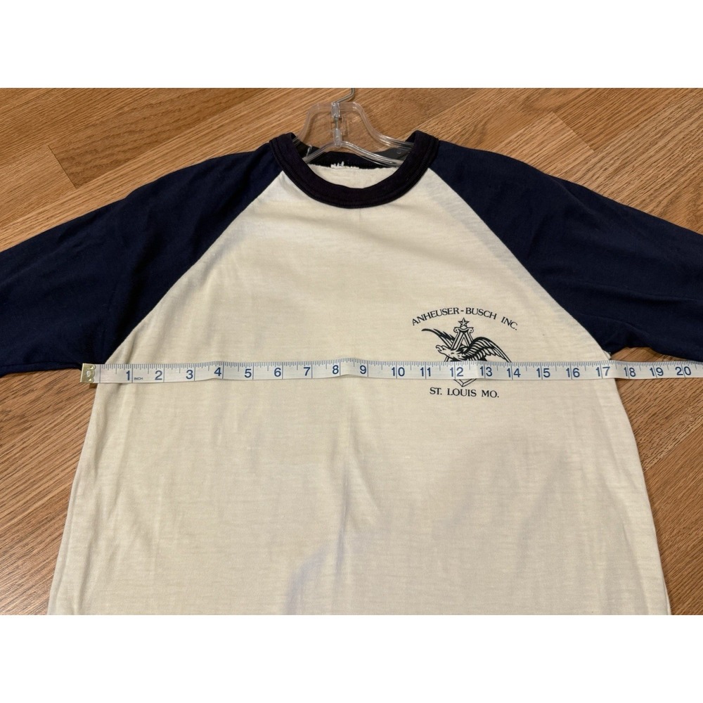 Vintage 70s 80s Anheuser-Busch logo beer Baseball T-shirt USA  Sz M Blue Cream - Picture 8 of 9